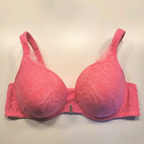 Cacique Boost Plunge Bra Hot Pink Front Closure Padded Underwire Size 42D - Picture 1 of 8